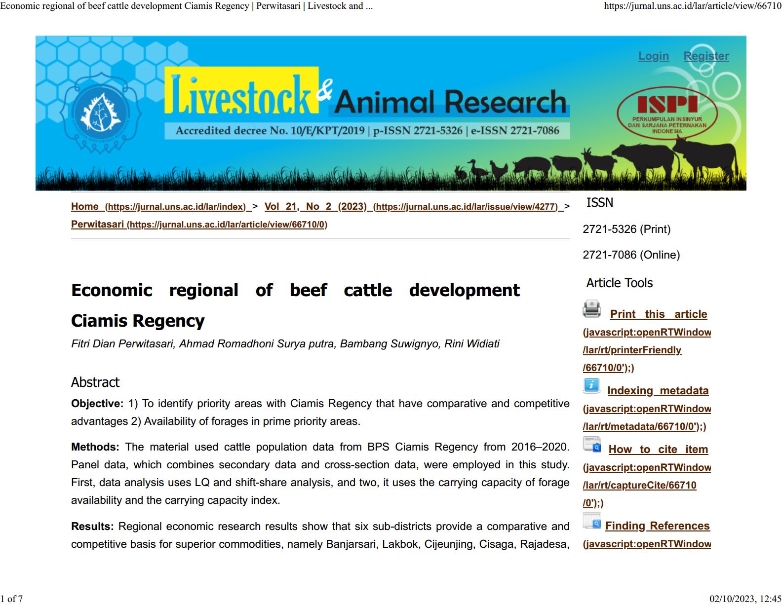 Economic regional of beef cattle development Ciamis Regency